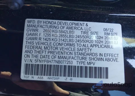 2022 Honda Pilot Awd Black Edition from USA, damaged, VIN 5FNYF6H77NB077253